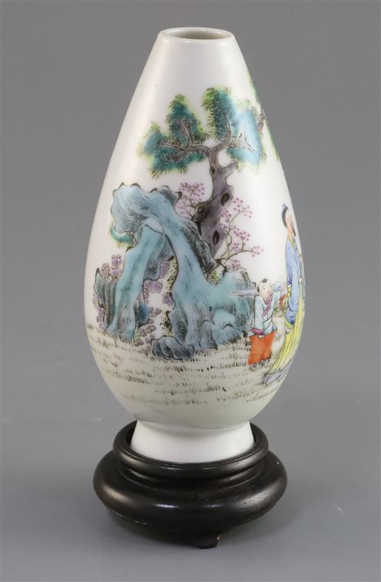 A Chinese famille rose oviform vase, Hongxian mark, Republic period, H. 13cm, woods stand